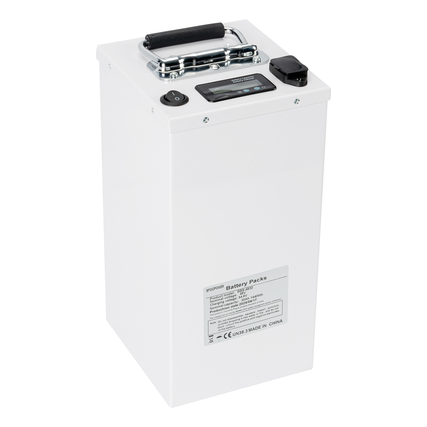 厂家定制 48V30Ah 电动摩托车锂电池，配备电量指示灯、充电口、电源开关与手提把手